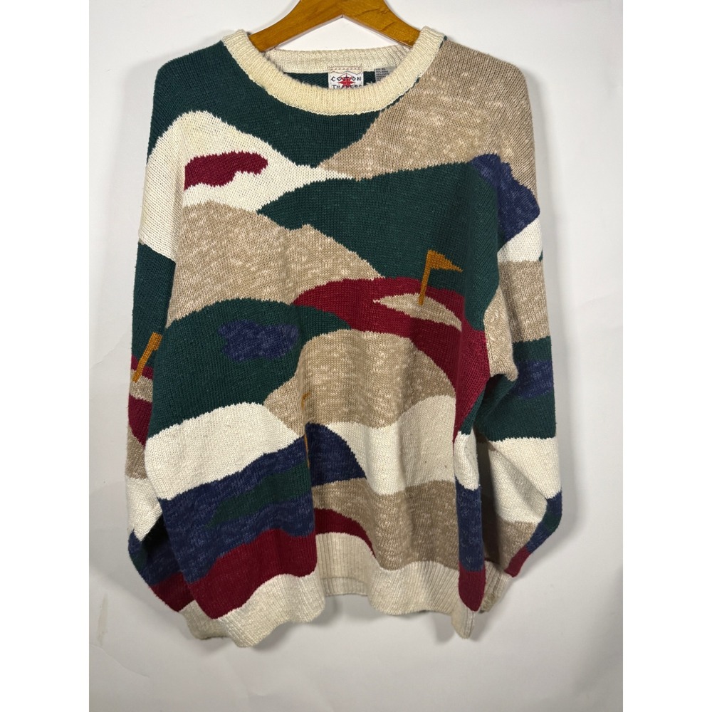 Cotton Traders Sport Mens XL Vintage Golf Intarsia Knit Sweater Abstract 90s